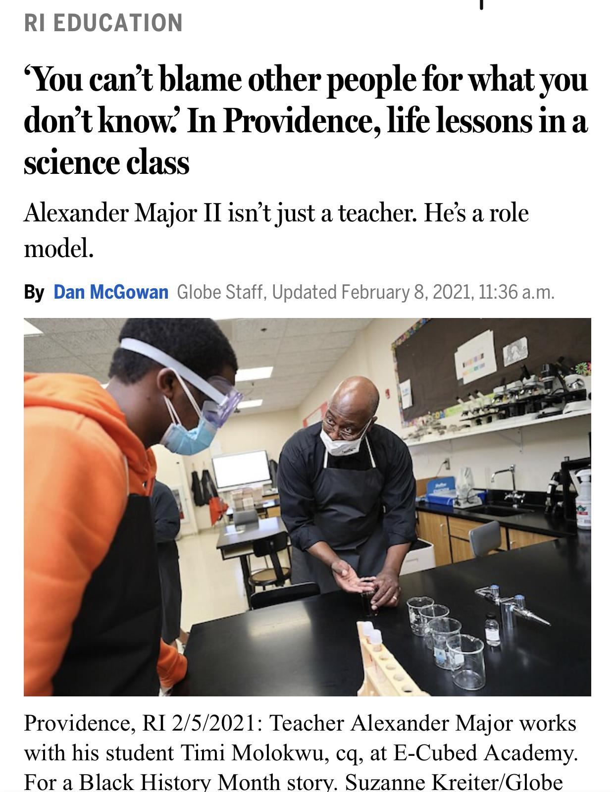 Mr. Mayor II Life Lessons in Science class - Boston Globe Article 